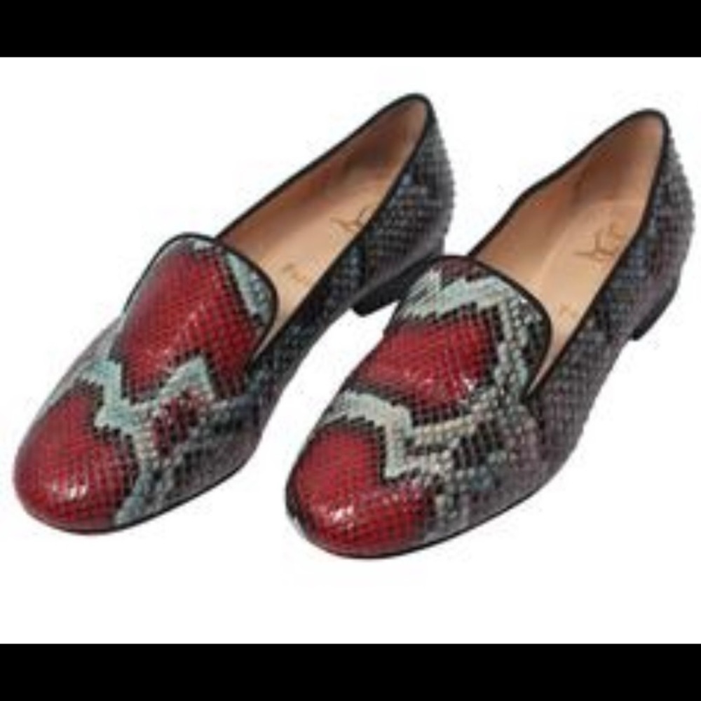 Authentic CHRISTIAN LOUBOUTIN Python Sakouette Flat in Rouge Noir & Black